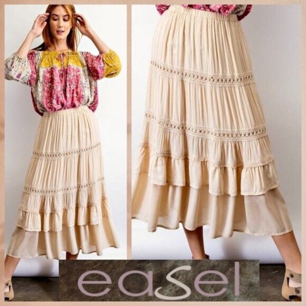 EASEL Silky Lux Crochet Trim Ruffled Tiers Midi or Maxi Skirt W/Lining & Pockets